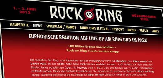 Rock-Am-Ring.com: Rock am Ring bald ausverkauft. Zwillingsfestivals konnten bisher 100 000 Tickets absetzten